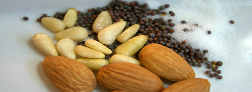 mustard seeds, almonds, pine nuts and salt